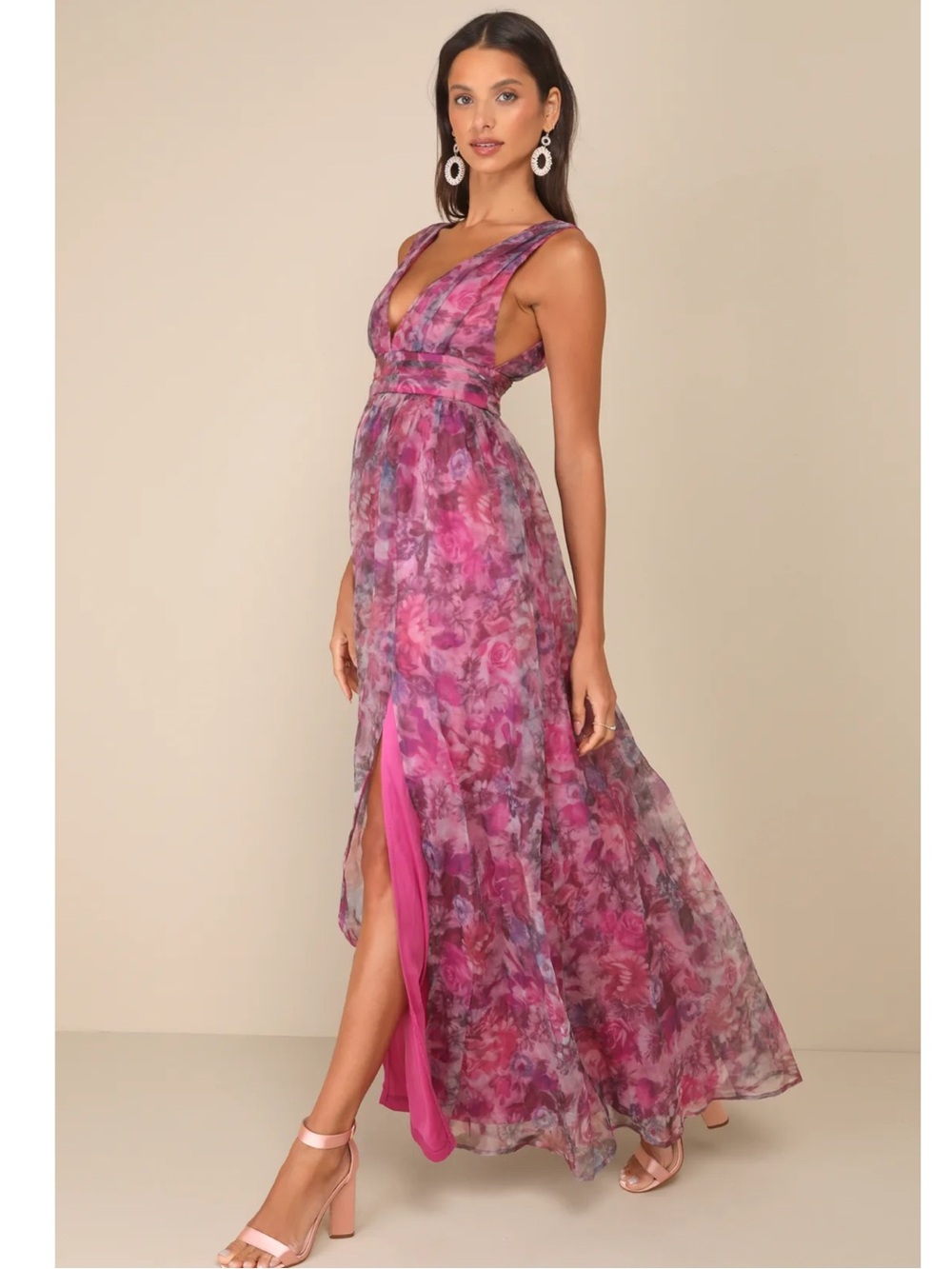 Lulus Garden Romance Magenta Floral Print Organza V-Neck Maxi Dress NWT Medium